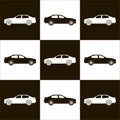 Flat pattern. Black and white car silhouettes on chess board background. Vector illustration Royalty Free Stock Photo